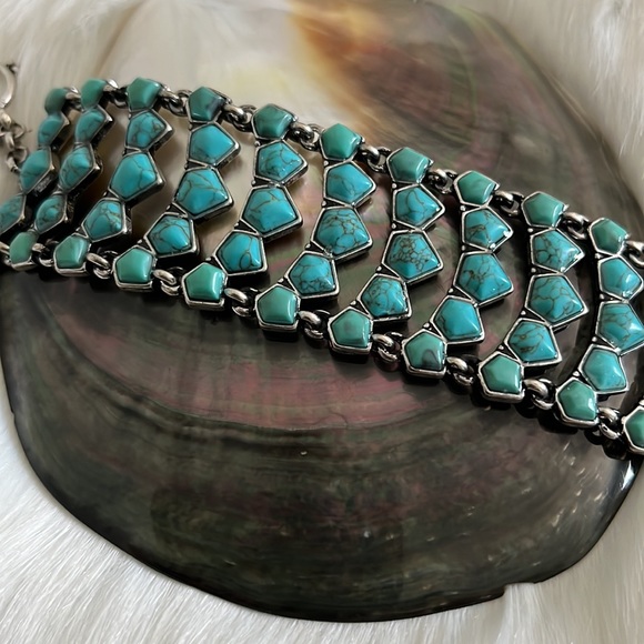 Lucky Brand turquoise and silver wide multitiered Cuff chain bracelet - Picture 7 of 12
